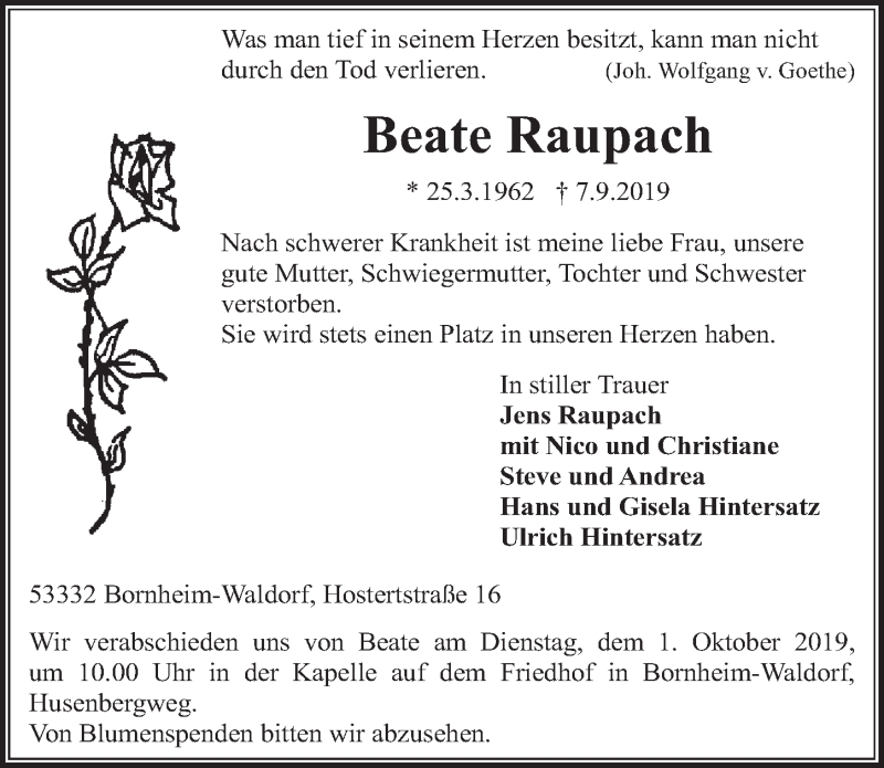  Traueranzeige für Beate Raupach vom 18.09.2019 aus  Schlossbote/Werbekurier 