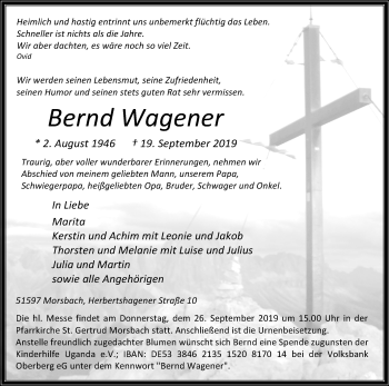 Anzeige von Bernd Wagener von Kölner Stadt-Anzeiger / Kölnische Rundschau / Express