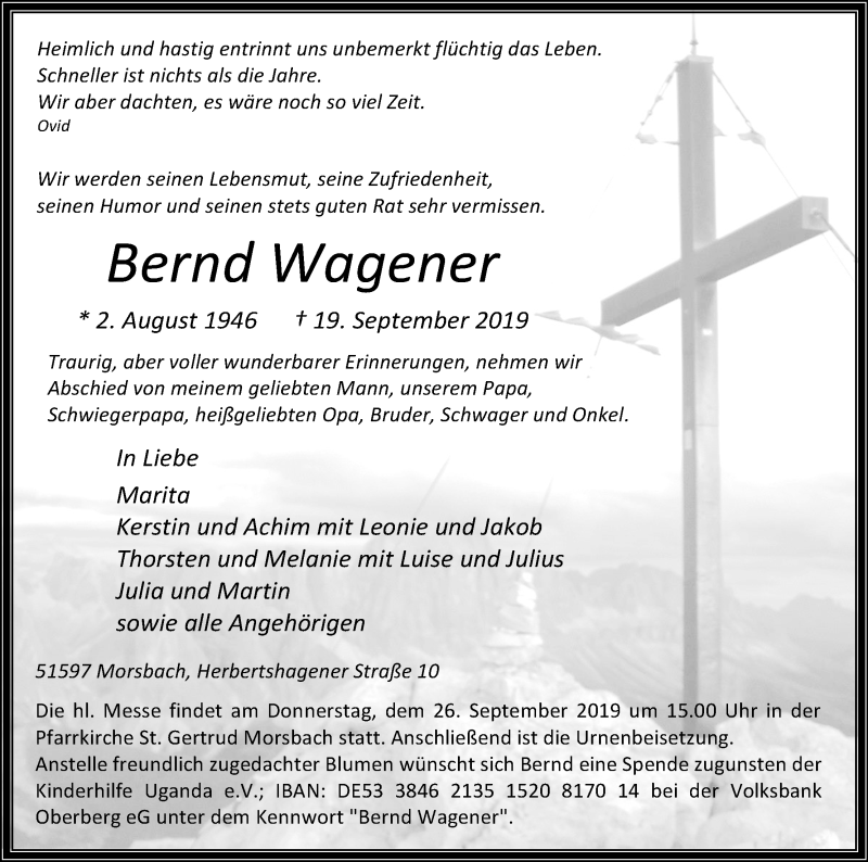  Traueranzeige für Bernd Wagener vom 21.09.2019 aus Kölner Stadt-Anzeiger / Kölnische Rundschau / Express