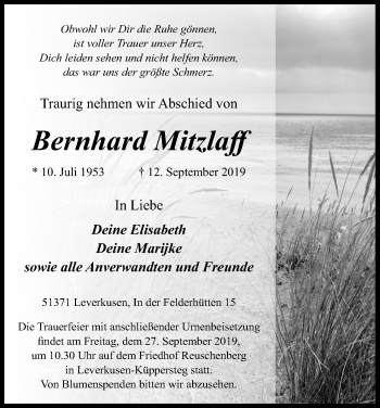 Anzeige von Bernhard Mitzlaff von Kölner Stadt-Anzeiger / Kölnische Rundschau / Express