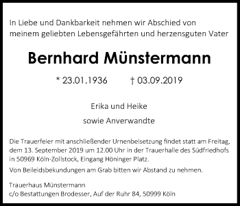 Anzeige von Bernhard Münstermann von Kölner Stadt-Anzeiger / Kölnische Rundschau / Express