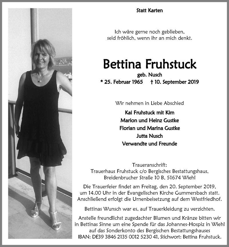  Traueranzeige für Bettina Fruhstuck vom 18.09.2019 aus  Anzeigen Echo 