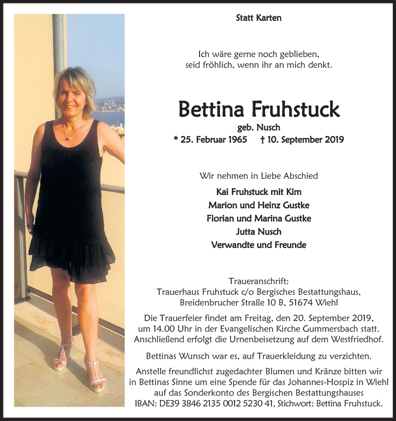  Traueranzeige für Bettina Fruhstuck vom 14.09.2019 aus Kölner Stadt-Anzeiger / Kölnische Rundschau / Express