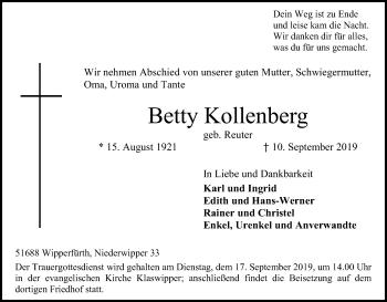 Anzeige von Betty Kollenberg von Kölner Stadt-Anzeiger / Kölnische Rundschau / Express