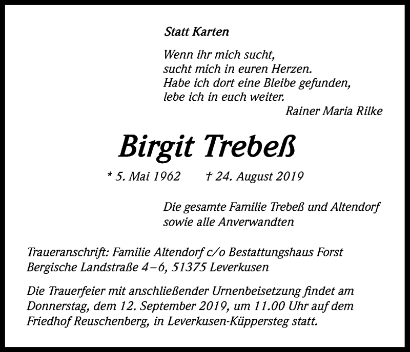 Traueranzeigen Von Birgit Trebess Wirtrauern
