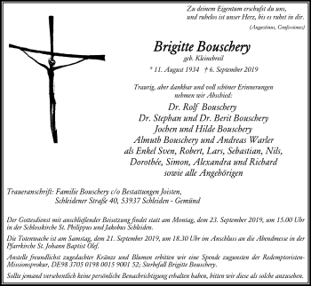 Anzeige von Brigitte Bouschery von Kölner Stadt-Anzeiger / Kölnische Rundschau / Express