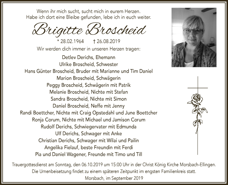  Traueranzeige für Brigitte Broscheid vom 18.09.2019 aus  Lokalanzeiger 