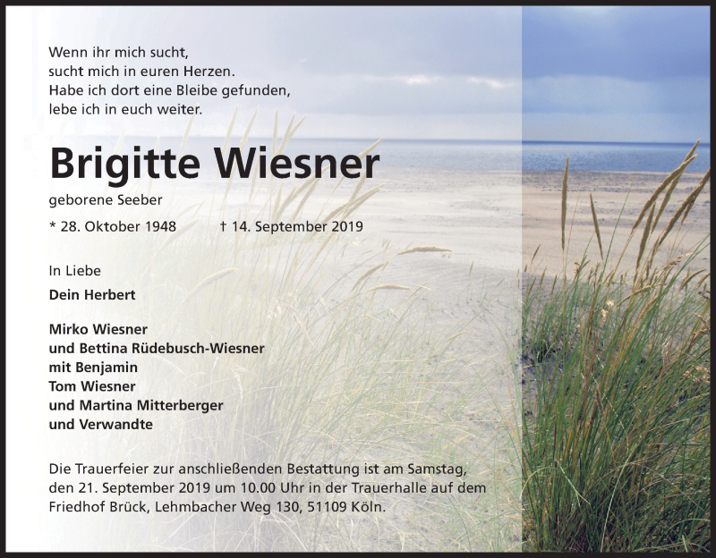  Traueranzeige für Brigitte Wiesner vom 18.09.2019 aus Kölner Stadt-Anzeiger / Kölnische Rundschau / Express