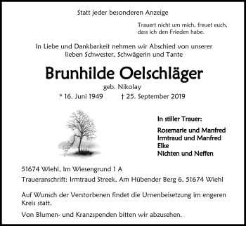 Anzeige von Brunhilde Oelschläger von Kölner Stadt-Anzeiger / Kölnische Rundschau / Express