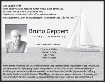 Anzeige von Bruno Geppert von  Sonntags-Post 