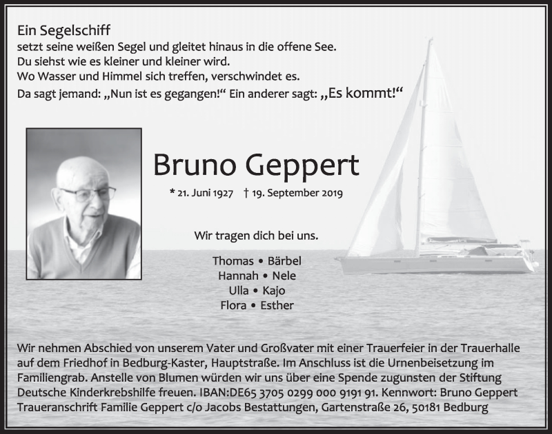  Traueranzeige für Bruno Geppert vom 28.09.2019 aus  Sonntags-Post 