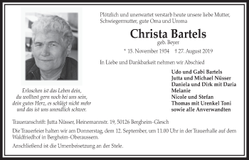 Anzeige von Christa Bartels von  Sonntags-Post 
