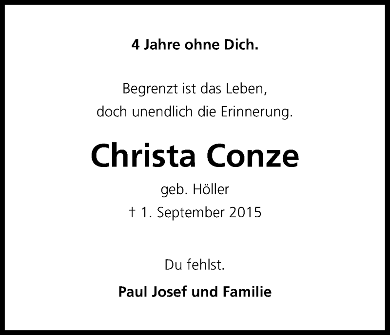  Traueranzeige für Christa Conze vom 31.08.2019 aus Kölner Stadt-Anzeiger / Kölnische Rundschau / Express