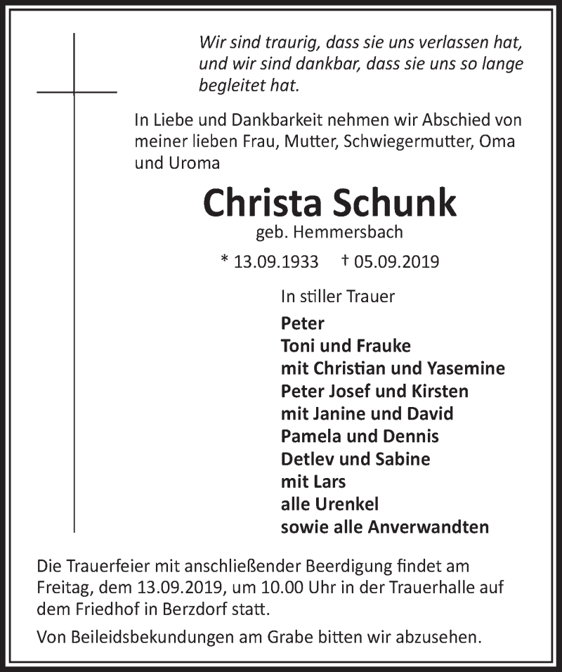  Traueranzeige für Christa Schunk vom 11.09.2019 aus  Schlossbote/Werbekurier 