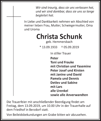 Anzeige von Christa Schunk von  Schlossbote/Werbekurier 