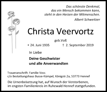 Anzeige von Christa Veervortz von Kölner Stadt-Anzeiger / Kölnische Rundschau / Express