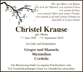 Anzeige von Christel Krause von  Bergisches Sonntagsblatt 