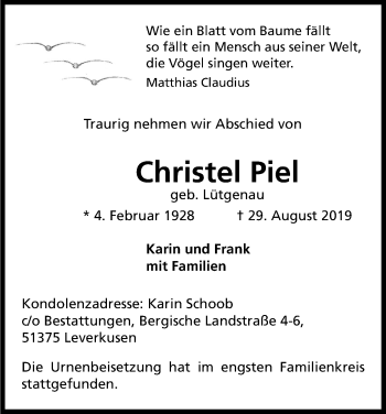Anzeige von Christel Piel von Kölner Stadt-Anzeiger / Kölnische Rundschau / Express