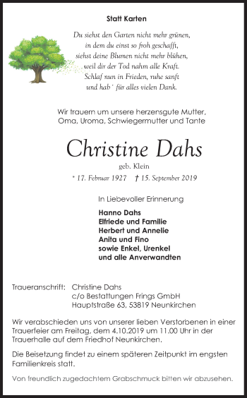 Anzeige von Christine Dahs von Kölner Stadt-Anzeiger / Kölnische Rundschau / Express