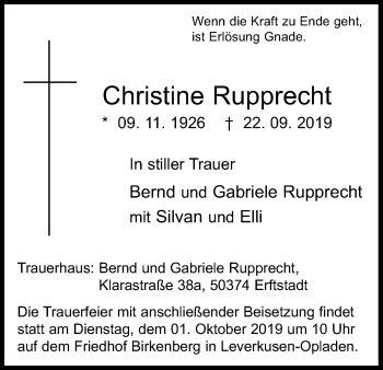 Anzeige von Christine Rupprecht von Kölner Stadt-Anzeiger / Kölnische Rundschau / Express