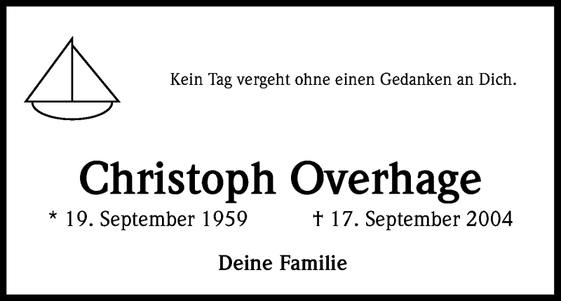  Traueranzeige für Christoph Overhage vom 19.09.2019 aus Kölner Stadt-Anzeiger / Kölnische Rundschau / Express
