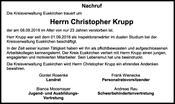 Anzeige von Christopher Krupp von Kölner Stadt-Anzeiger / Kölnische Rundschau / Express