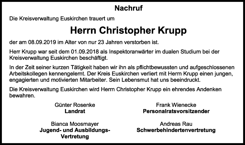  Traueranzeige für Christopher Krupp vom 14.09.2019 aus Kölner Stadt-Anzeiger / Kölnische Rundschau / Express