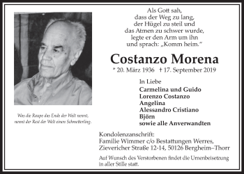 Anzeige von Costanzo Morena von  Sonntags-Post 
