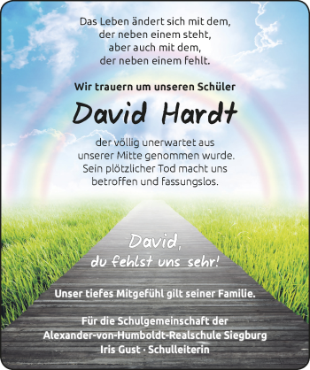 Anzeige von David Hardt von  Rhein-Sieg-Wochenende 
