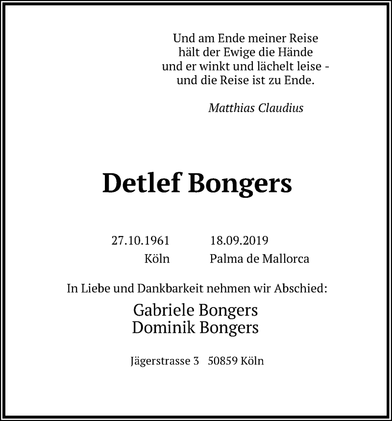  Traueranzeige für Detlef Bongers vom 21.09.2019 aus Kölner Stadt-Anzeiger / Kölnische Rundschau / Express