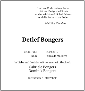 Anzeige von Detlef Bongers von Kölner Stadt-Anzeiger / Kölnische Rundschau / Express