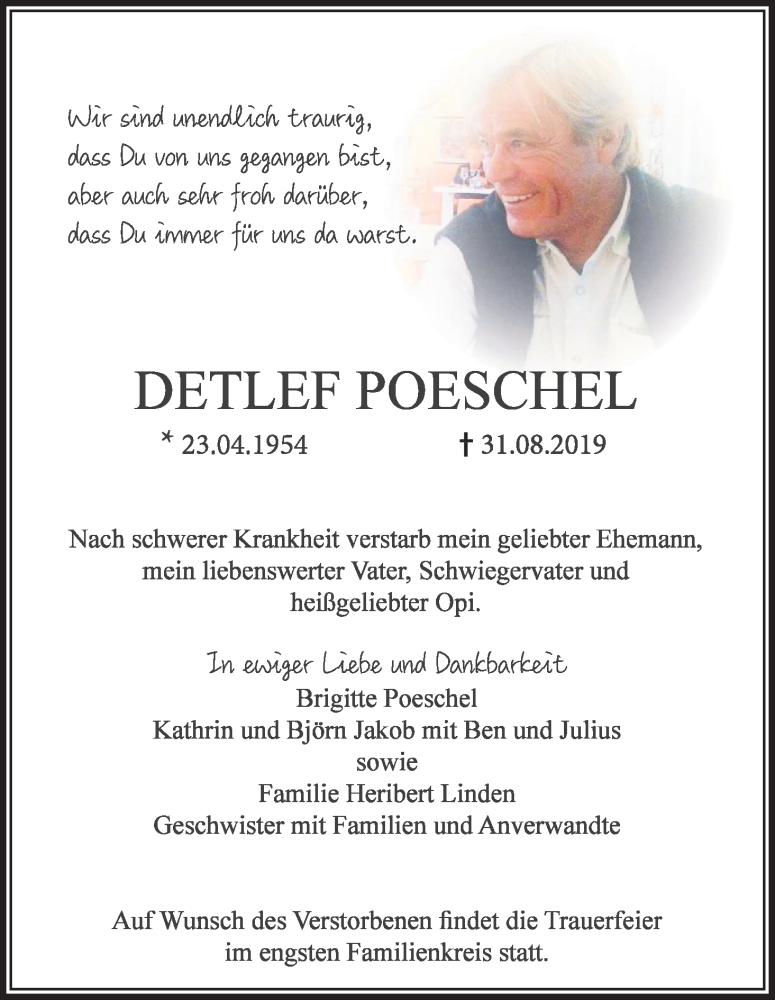  Traueranzeige für Detlef Poeschel vom 07.09.2019 aus Kölner Stadt-Anzeiger / Kölnische Rundschau / Express