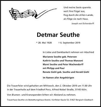 Anzeige von Detmar Seuthe von Kölner Stadt-Anzeiger / Kölnische Rundschau / Express