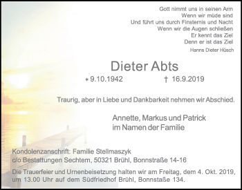 Anzeige von Dieter Abts von  Schlossbote/Werbekurier 