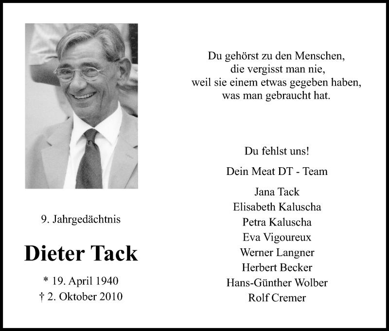  Traueranzeige für Dieter Tack vom 28.09.2019 aus Kölner Stadt-Anzeiger / Kölnische Rundschau / Express