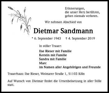 Anzeige von Dietmar Sandmann von Kölner Stadt-Anzeiger / Kölnische Rundschau / Express