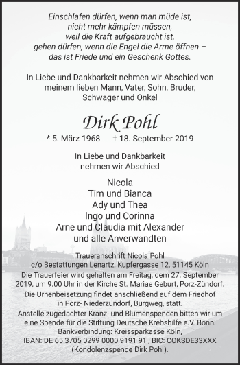 Anzeige von Dirk Pohl von  Kölner Wochenspiegel 