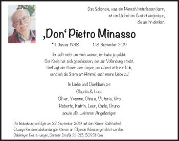 Anzeige von Don Pietro Minasso von Kölner Stadt-Anzeiger / Kölnische Rundschau / Express