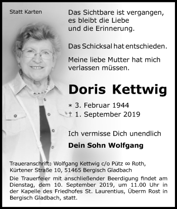 Anzeige von Doris Kettwig von Kölner Stadt-Anzeiger / Kölnische Rundschau / Express
