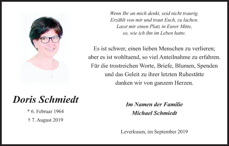  Traueranzeige für Doris Schmiedt vom 14.09.2019 aus Kölner Stadt-Anzeiger / Kölnische Rundschau / Express