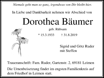 Anzeige von Dorothea Bäumer von Kölner Stadt-Anzeiger / Kölnische Rundschau / Express