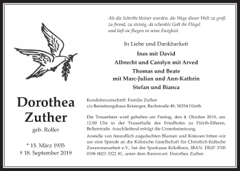 Anzeige von Dorothea Zuther von  Wochenende 