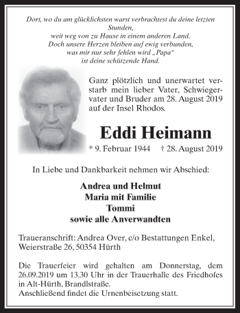 Anzeige von Eddi Heimann von  Wochenende 