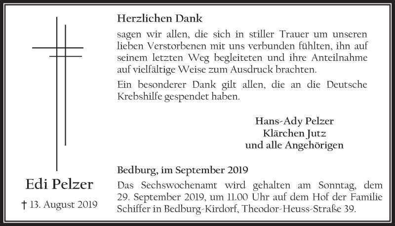  Traueranzeige für Edi Pelzer vom 11.09.2019 aus  Werbepost 