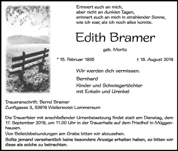Anzeige von Edith Bramer von Kölner Stadt-Anzeiger / Kölnische Rundschau / Express