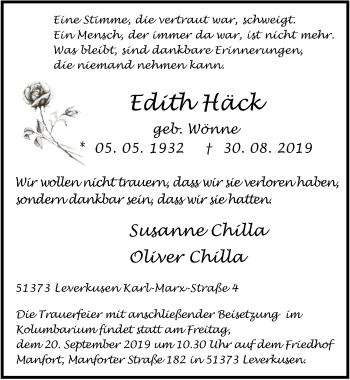 Anzeige von Edith Häck von  Leverkusener Wochenende 