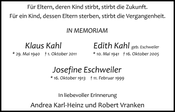 Anzeige von Edith Kahl von Kölner Stadt-Anzeiger / Kölnische Rundschau / Express