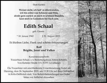 Anzeige von Edith Schaal von Kölner Stadt-Anzeiger / Kölnische Rundschau / Express