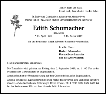 Anzeige von Edith Schumacher von Kölner Stadt-Anzeiger / Kölnische Rundschau / Express