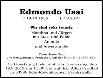 Anzeige von Edmondo Usai von  Kölner Wochenspiegel 